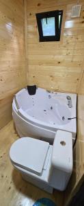 a bathroom with a white toilet and a sink at Cottage Sunset 2 in Sakhalvasho