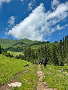 two people walking down a dirt road in the mountains at Karakol City Center in Karakol