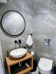 a bathroom with a sink and a mirror and a toilet at Anemoami in Karpathos +51 photos