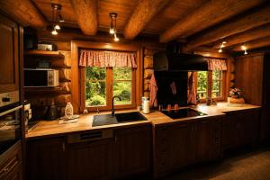 a kitchen with a counter with a sink and a window at Pohádkový Srub Salaš in Salaš +58 photos