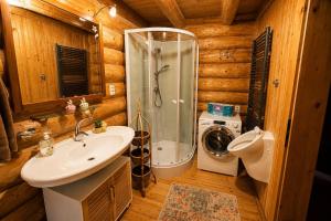 a bathroom with a shower and a sink and a washing machine at Pohádkový Srub Salaš in Salaš