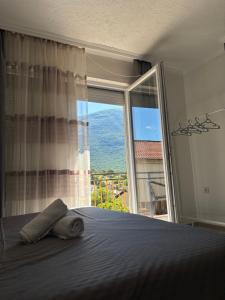a bedroom with a bed and a large window at Flat in Trpejca in Ohrid