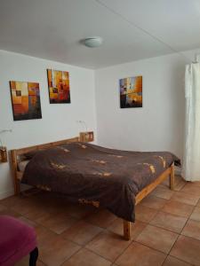 a bed in a room with paintings on the wall at NORDIQUES DE LA WELCHE in Orbey