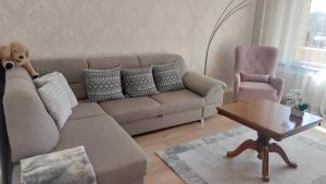 a living room with a couch and a table at Apartamentai Gertrūda in Druskininkai