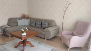a living room with a couch and a chair at Apartamentai Gertrūda in Druskininkai