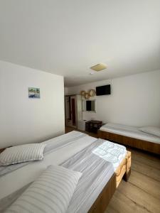 a bedroom with two beds and a tv on the wall at Casa Popa’s in Cârțișoara +42 photos