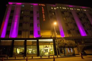 a building with purple lights on the side of it at Laodikya Hotel in Denizli