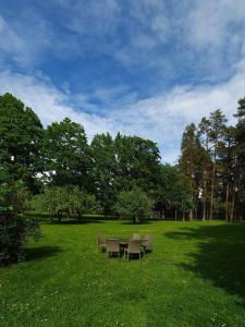 three chairs and a table in a field with trees at Knipnäs Läkarvillan in Ekenäs +9 photos