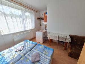 a bedroom with a bed and a desk and a window at Modrý dom in Vitanová