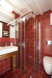 y baño con ducha, lavabo y aseo. en Athina Exquisite Houses, en Kástron