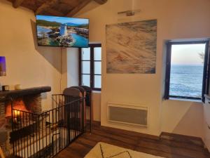 a living room with a fireplace and a window at Maison de pêcheur les pieds dans l'eau in Ersa