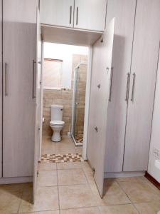 ein Badezimmer mit Toilette und Dusche in der Unterkunft Die Regte Plek in Despatch