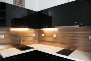 a kitchen with a sink and black cabinets at Athina Exquisite Houses in Kastron +73 photos