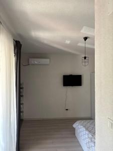 a room with a tv on the wall and a bed at Kale Apartments Trpejca SUP and bikes included in Ohrid