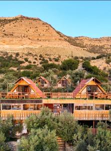 a group of houses with a mountain in the background at Dana luxury huts in Dana