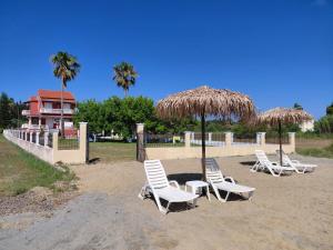 a group of chairs and umbrellas on a beach at Neptune Resort in Kavos