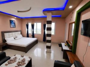 a bedroom with a bed and a tv in it at Dooars View Hotel in Hāsimāra