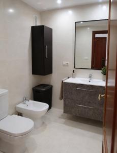 a bathroom with a toilet and a sink and a mirror at Turismo rural, San Sebastián,playa, parking privado in Azpeitia