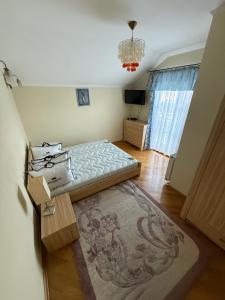a bedroom with a bed and a rug on the floor at БУДИНОК сімейних ПРИГОД in Vodniki