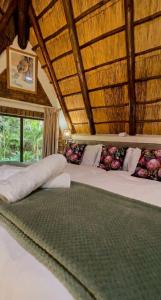 a bedroom with two beds and a large window at Selukwe Safari Lodge in Marloth Park