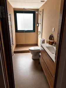 a bathroom with a toilet and a sink and a window at Albi's Sandvig Boutique Hotel in Sandvig
