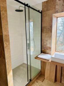 a bathroom with a glass shower and a sink at Studio MEZILES in Buš