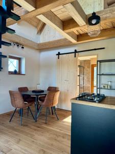 a kitchen with a table and chairs and a stove at Studio MEZILES in Buš