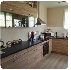 a kitchen with wooden cabinets and a black counter top at Chambre calme Beauval Chateaux in Montrichard