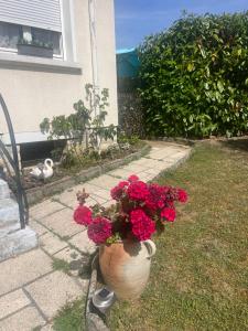 a vase filled with pink flowers in a yard at Chambre calme Beauval Chateaux in Montrichard +1 photo