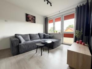 a living room with a couch and a table at Apartament Staropijarska in Łuków +6 photos