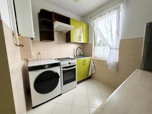 a small kitchen with a stove and a sink at Apartament Staropijarska in Łuków