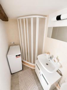 a small bathroom with a sink and a white refrigerator at Apartmán Domeček u parku in Česká Lípa