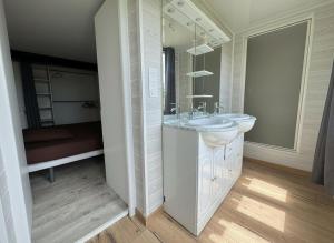 a bathroom with two sinks and a large mirror at T4 avec jardin - ENVEITG in Enveitg +9 photos