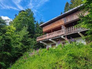 a building on a hill with purple flowers in front of it at Chalet Vététiste in Laveissière