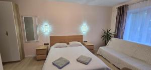 a bedroom with a bed and a couch and a window at Apartamentai šalia baseino in Palanga
