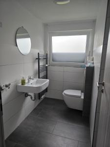 a bathroom with a sink and a toilet and a window at RUHIGE Eke in Netphen