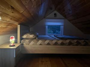 a bed in a room with a window at Lake Apartment Krupac in Nikšić