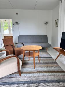 a living room with a couch and a table at Vääksyn Mummola in Vääksy