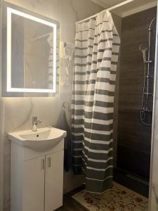 a bathroom with a sink and a shower curtain at Lake Apartment Krupac in Nikšić +19 photos