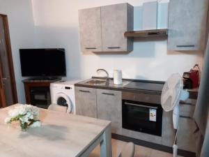 a kitchen with a table and a sink and a stove at appartamento in Ponte San Marco +14 photos