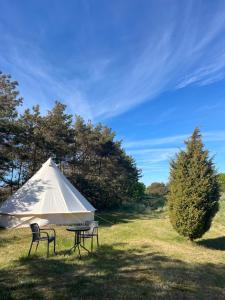 a tent with two chairs and a table in a field at KEMPINGS Kareļi in Saraiķi