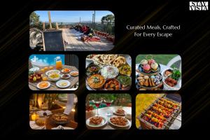 a collage of pictures of food on a table at Sunset Boulevard by StayVista - Lakeside Villa with Pet-Friendly Ambiance, Deck, Terrace, Plunge Pool & Modern Flair in Karjat