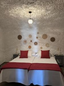 a bedroom with a large bed with circles on the wall at Cueva Pilar in Graena