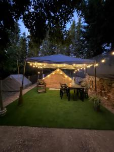 a tent with a picnic table and lights on the grass at La Somavan Tambu in Xàtiva