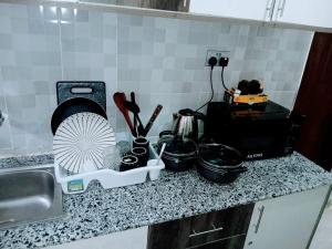 a kitchen counter with pots and pans and a sink at Open Haven One Bedroom Apartments in Ongata Rongai 