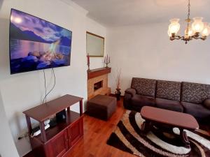 a living room with a couch and a fireplace at Lúcia's House in Santa Cruz