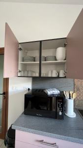 a kitchen with a counter with a microwave oven at L'échappée du Verdon in Esparron-de-Verdon