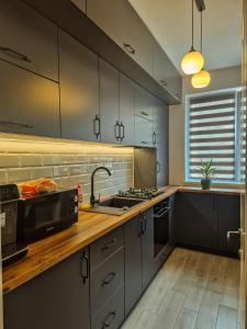 a kitchen with gray cabinets and a sink at Boutique Apartment Suceava Modern Parcare WiFi Rapid in Ipoteşti