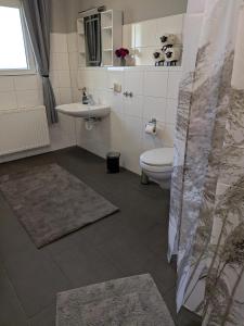 a bathroom with a toilet and a sink at Ferienwohnung "Pfoten & Komfort" in Butjadingen +13 photos
