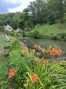 a garden with flowers and a pond with two benches at La chambre d'hôtes du moulin de Vignars in Ginals +14 photos